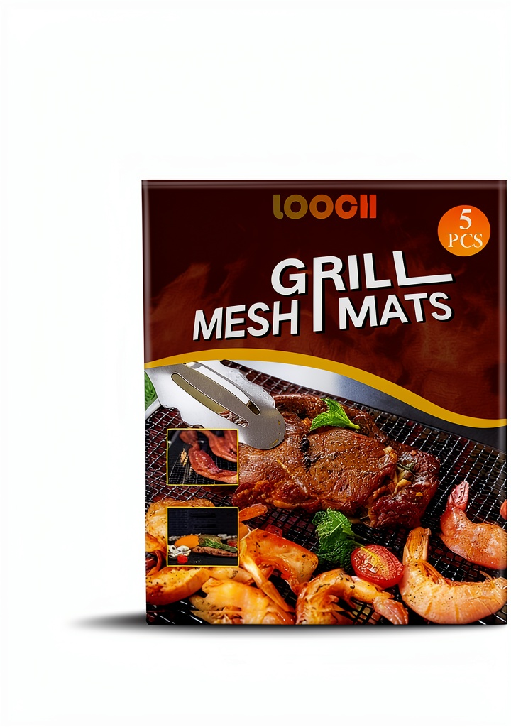 LOOCH grill mats on a charcoal grill with sizzling food